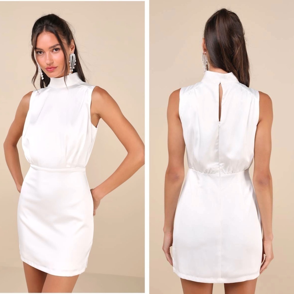 NEW Lulus Classic Elegance White Satin Sleeveless Mock Neck Mini Dress, Size XL